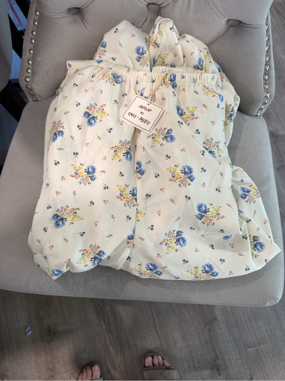 aerie Cream Floral Pajama Shorts with Blue & Yellow Flowers